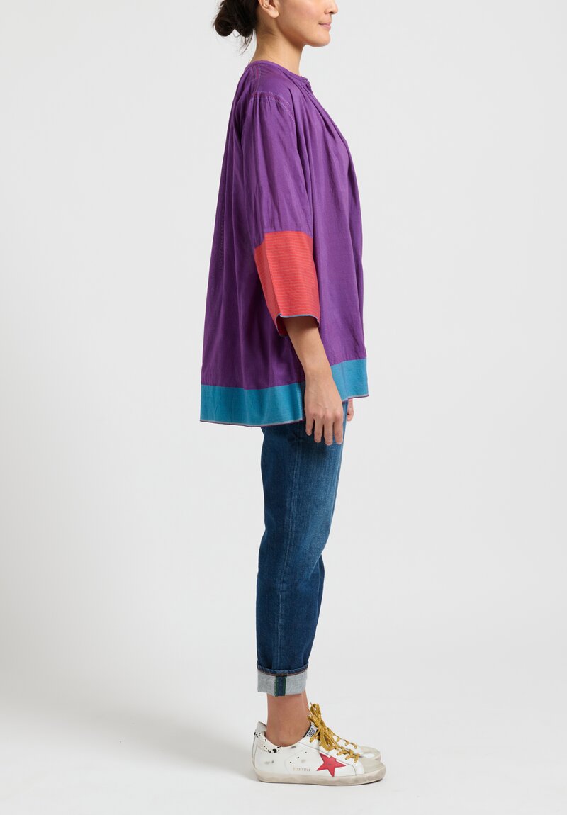 Pero Cotton/ Silk Color-Block Gathered Top in Purple	