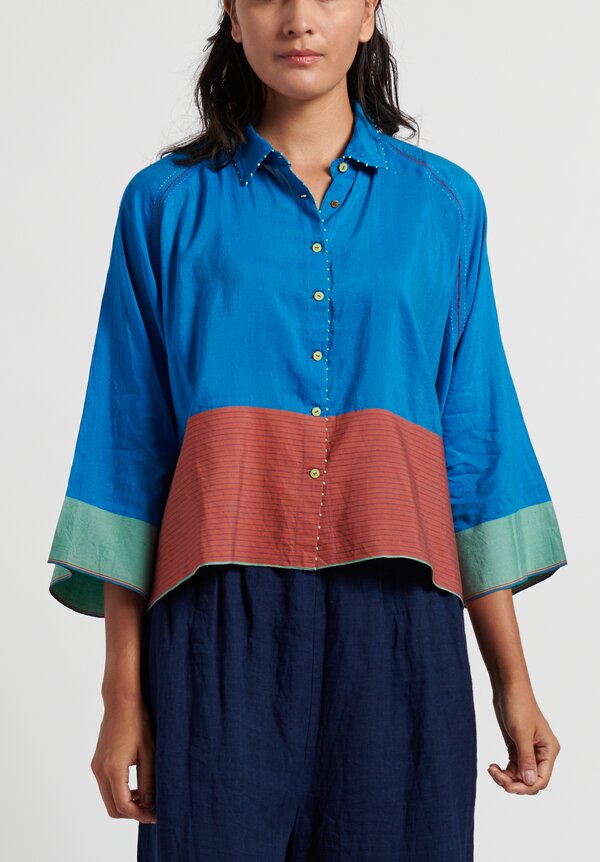 Pero Cotton/ Silk Button Down Shirt in Blue	