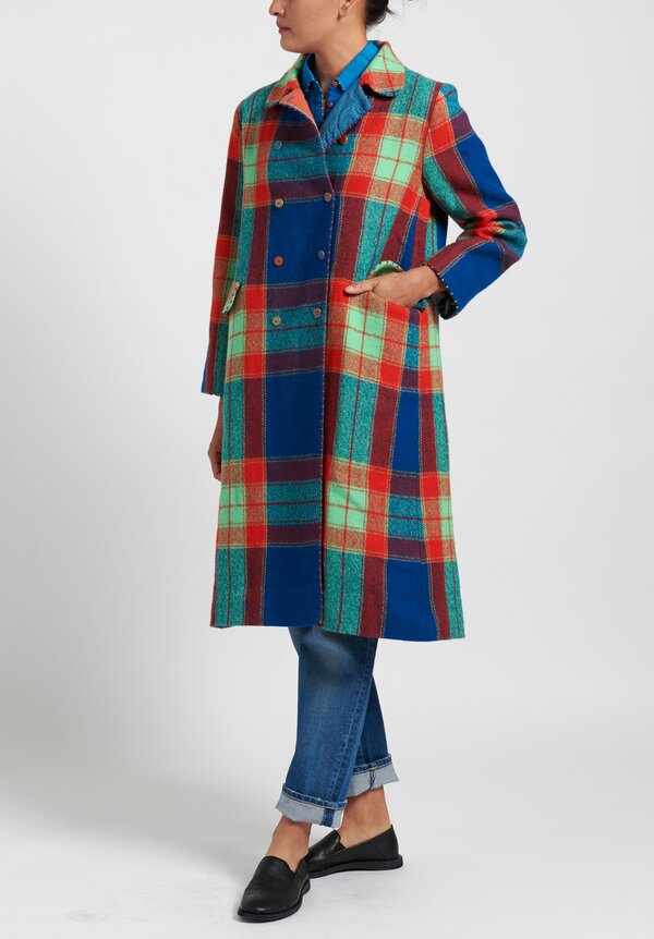 Péro Wool Double Breasted Plaid Coat in Blue/ Green/ Red | Santa Fe Dry ...