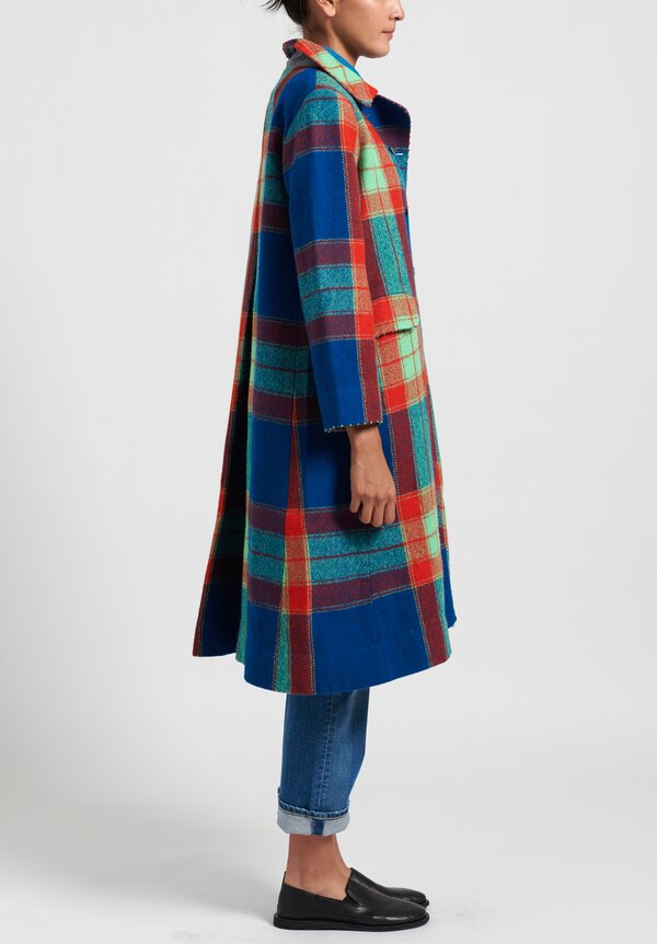 Pero Wool Double Breasted Plaid Coat in Blue/ Green/ Red	