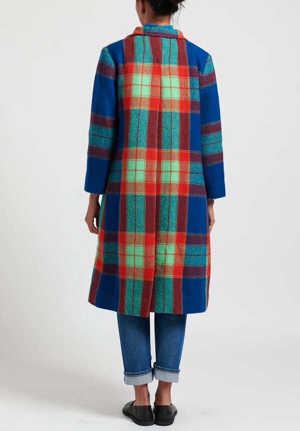 Pero Wool Double Breasted Plaid Coat in Blue/ Green/ Red	