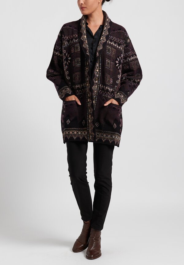 Etro Multiprint Knitted Coat in Black/ Purple	