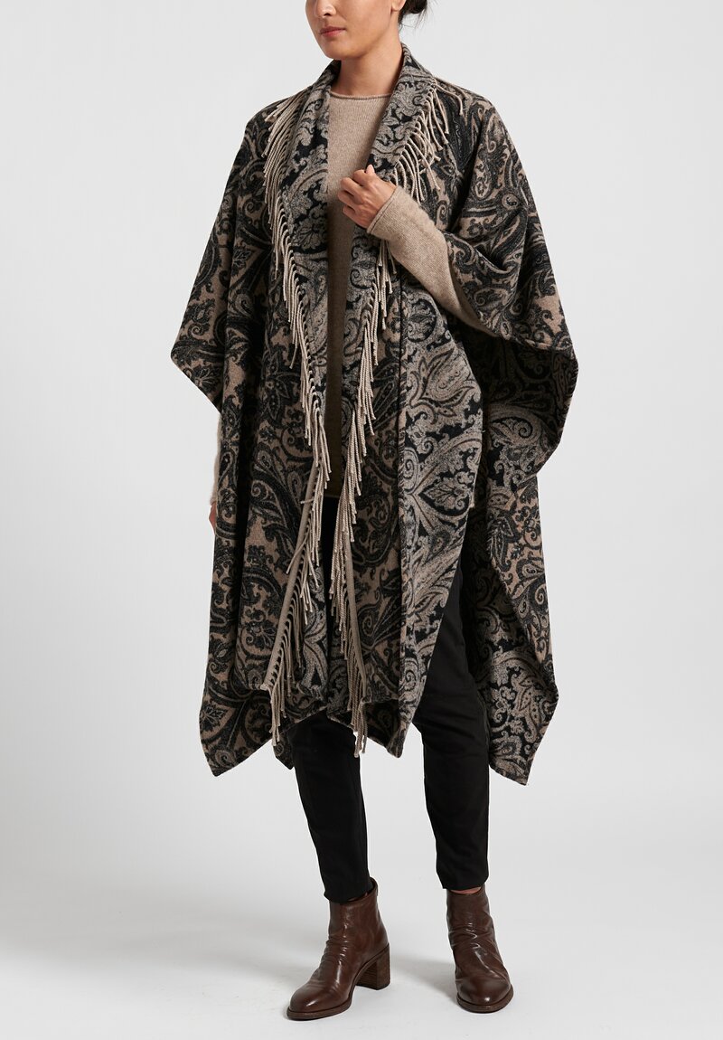 Etro Wool/ Silk Paisley Fringe Poncho in Natural	