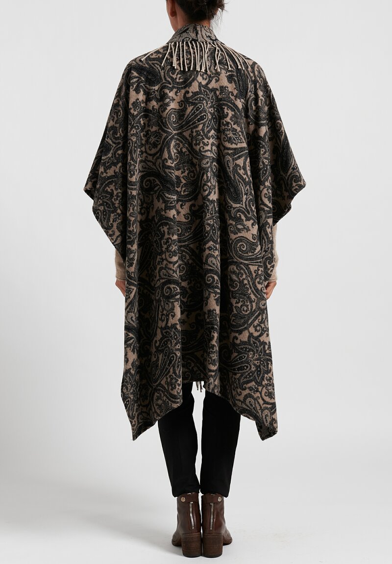 Etro Wool/ Silk Paisley Fringe Poncho in Natural	
