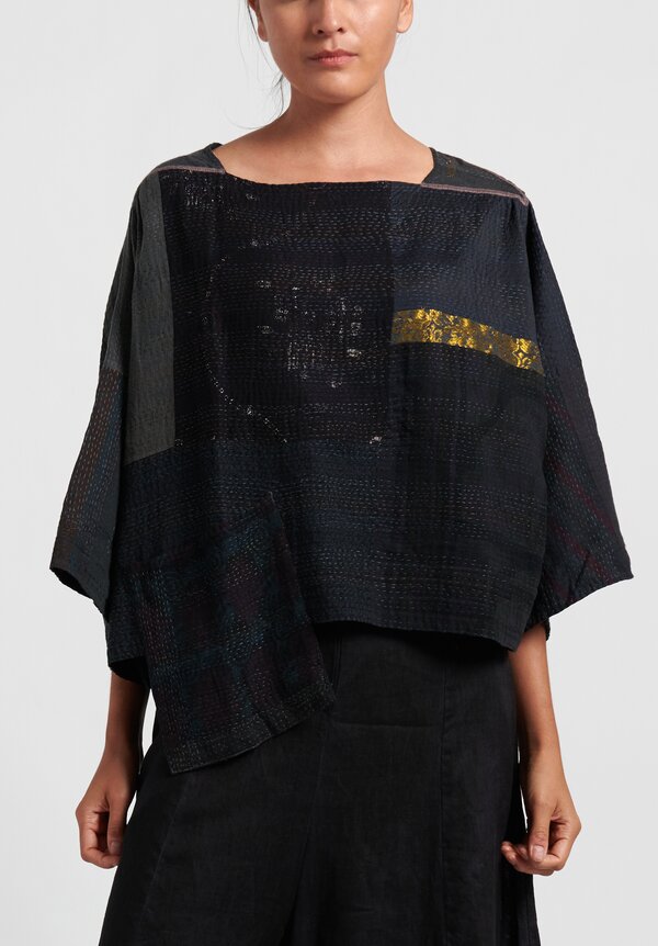 Mieko Mintz 2-Layer Cotton/ Silk 3/4 Sleeve Patch Crop Top in Black	