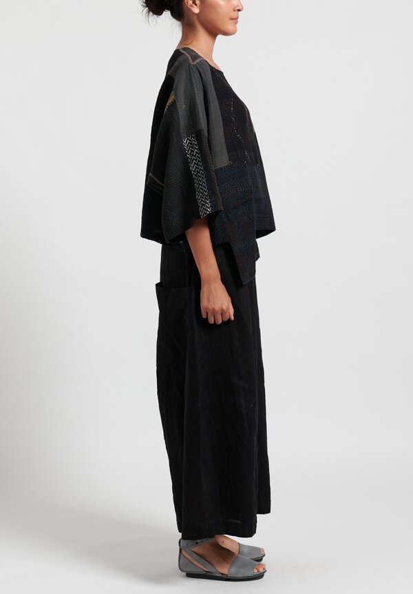 Mieko Mintz 2-Layer Cotton/ Silk 3/4 Sleeve Patch Crop Top in Black	
