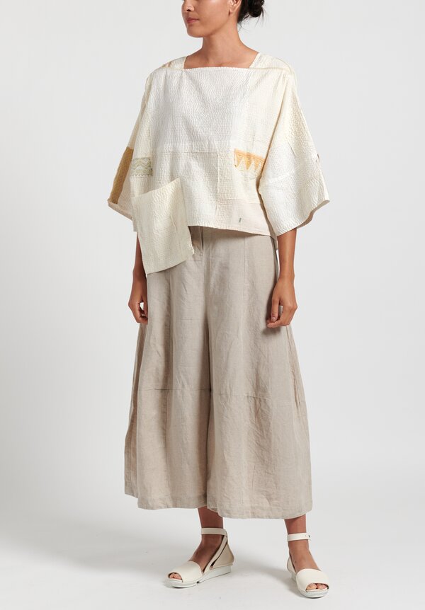 Mieko Mintz 2-Layer Cotton/ Silk 3/4 Sleeve Patch Crop Top in White	