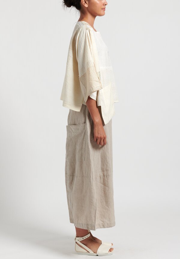 Mieko Mintz 2-Layer Cotton/ Silk 3/4 Sleeve Patch Crop Top in White	