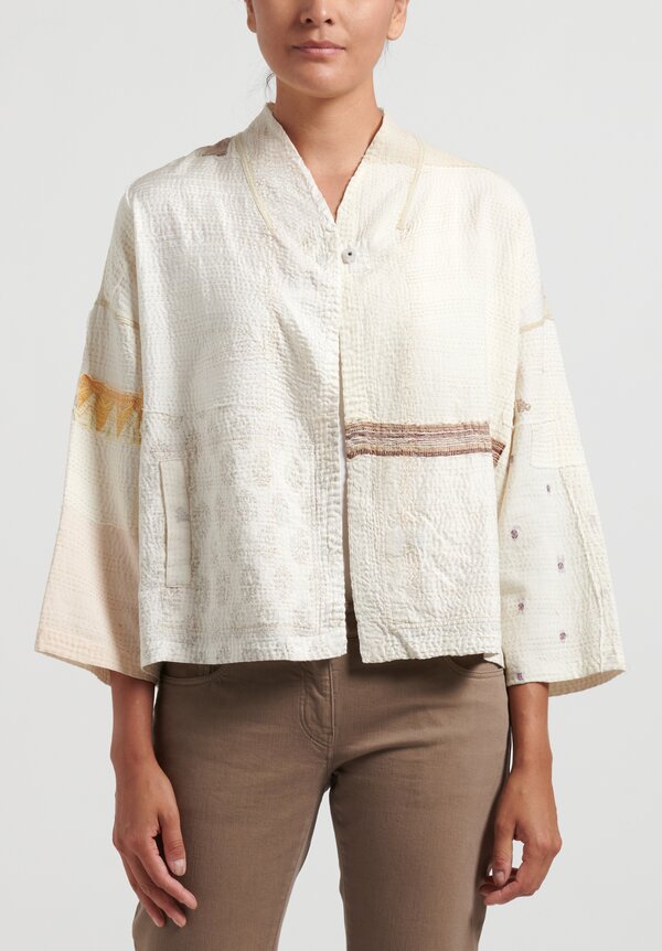 Mieko Mintz 2-Layer Frayed Patchwork Stand Collar Jacket in Ivory	