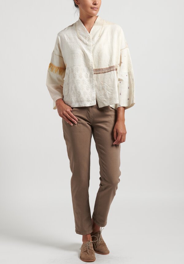 Mieko Mintz 2-Layer Frayed Patchwork Stand Collar Jacket in Ivory	