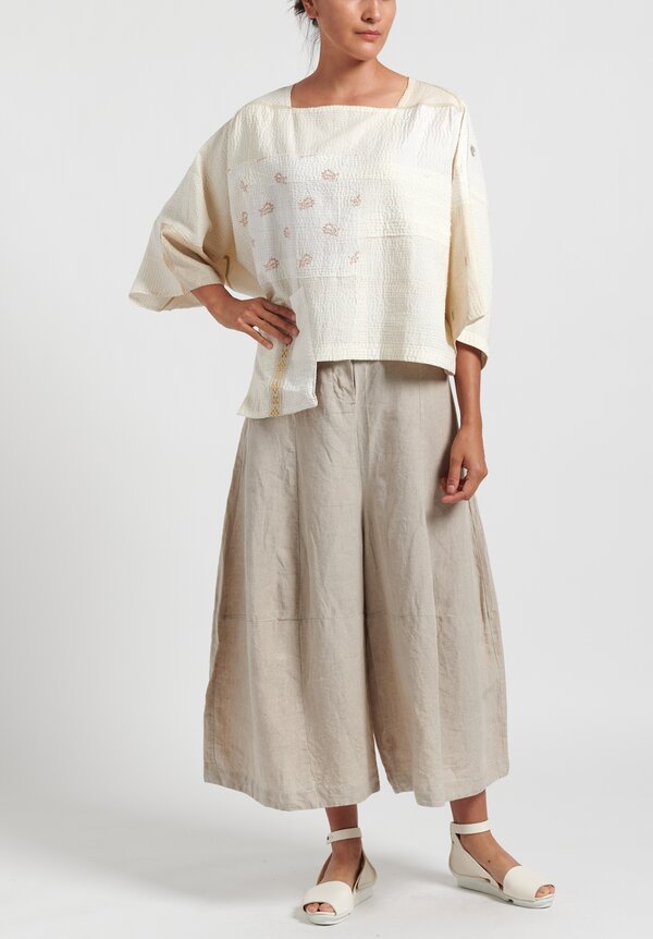 Mieko Mintz 2-Layer Cotton/ Silk 3/4 Sleeve Patch Crop Top in Ivory	
