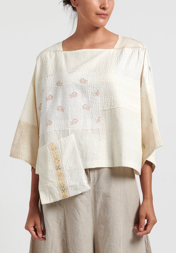 Mieko Mintz 2-Layer Cotton/ Silk 3/4 Sleeve Patch Crop Top in Ivory	