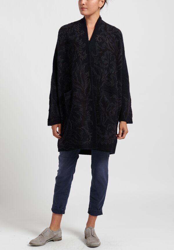 Lainey Keogh Long Embroidered Cardigan in Dark Navy	