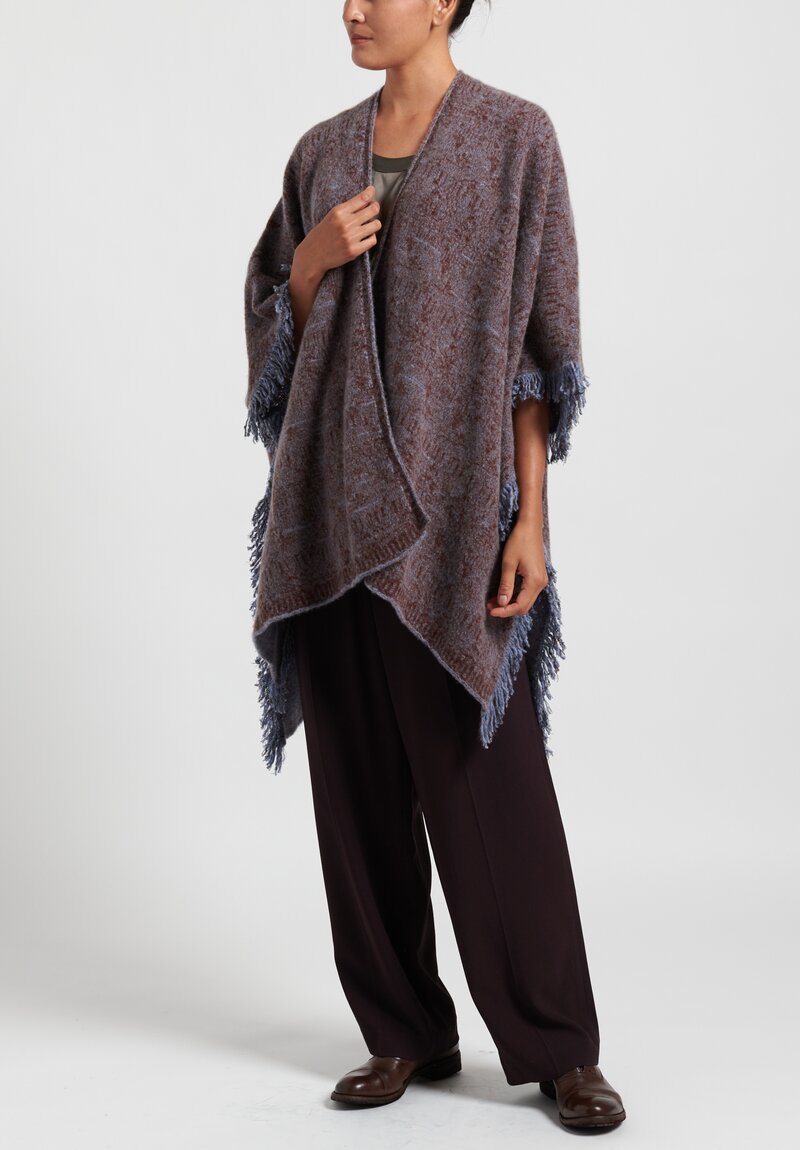 Lainey Cashmere Fringed Cape in Light Blue/ Rust	