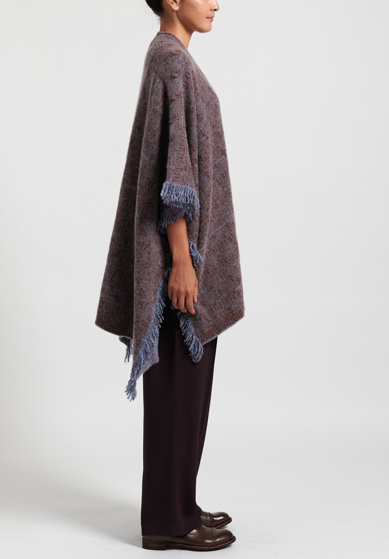 Lainey Cashmere Fringed Cape in Light Blue/ Rust	