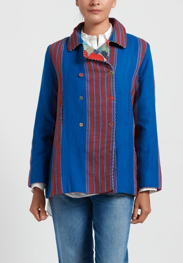 Pero Reversible Double Breasted Striped Jacket in Blue/ Red	