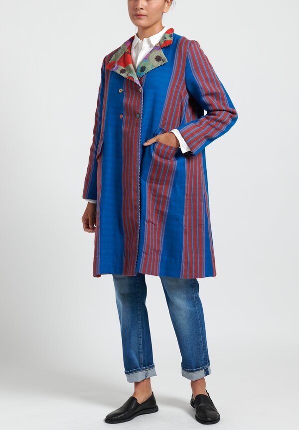 Pero Reversible Double Breasted Coat in Blue Stripes/ Floral	