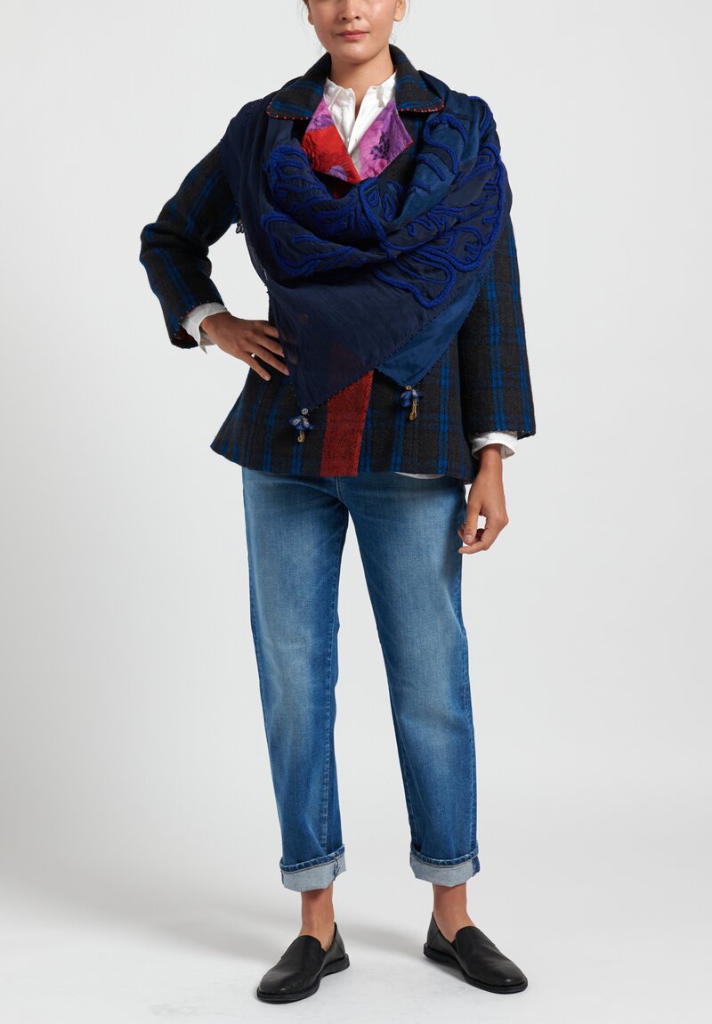 Pero Wool Reversible Jacket in Blue Check/ Red Floral