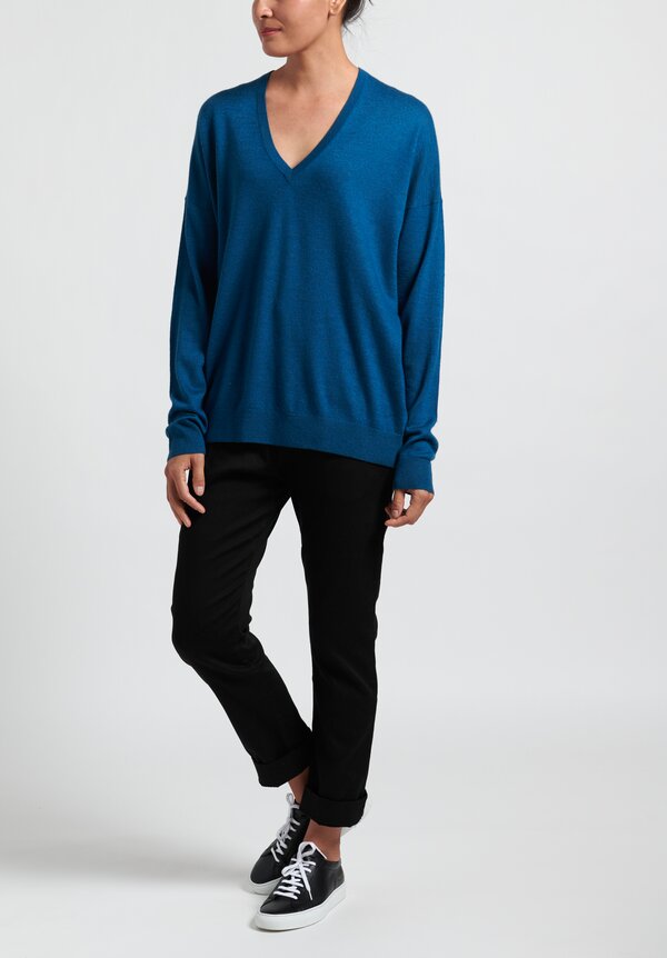 Frenckenberger Cashmere Oversized Deep V-Neck Sweater in Blue	