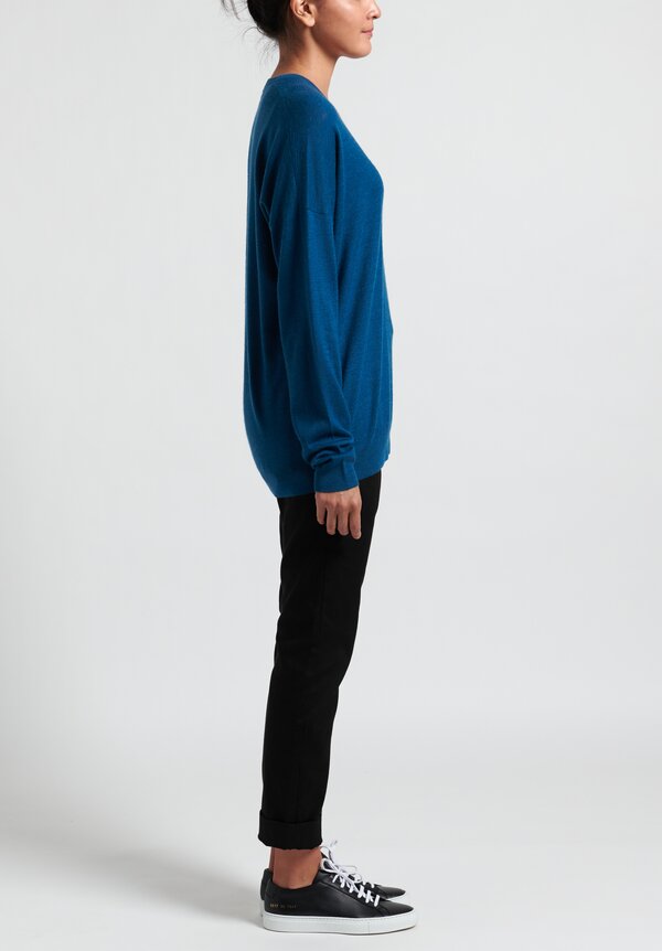 Frenckenberger Cashmere Oversized Deep V-Neck Sweater in Blue	