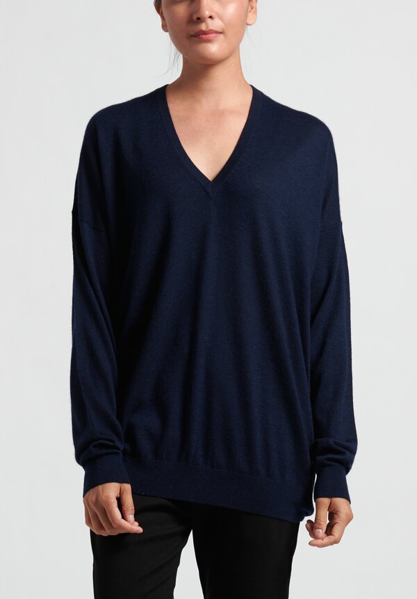 Frenckenberger Cashmere Oversized Deep V-Neck Sweater in Royal Blue	