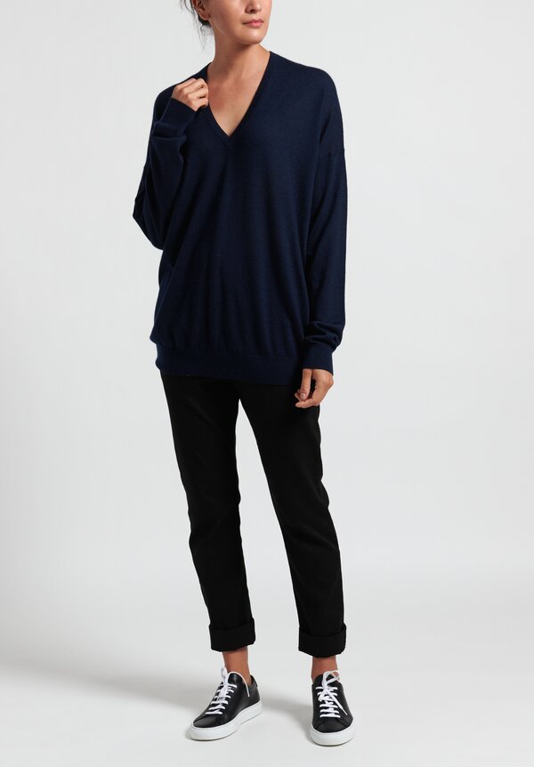 Frenckenberger Cashmere Oversized Deep V-Neck Sweater in Royal Blue	