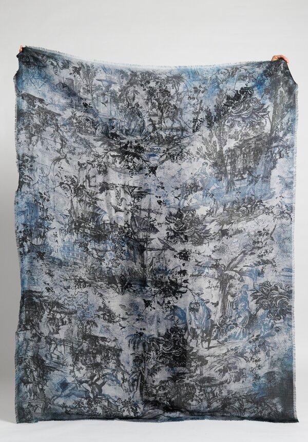 Alonpi Cashmere/ Silk Printed Scarf in Ocean Illustration	