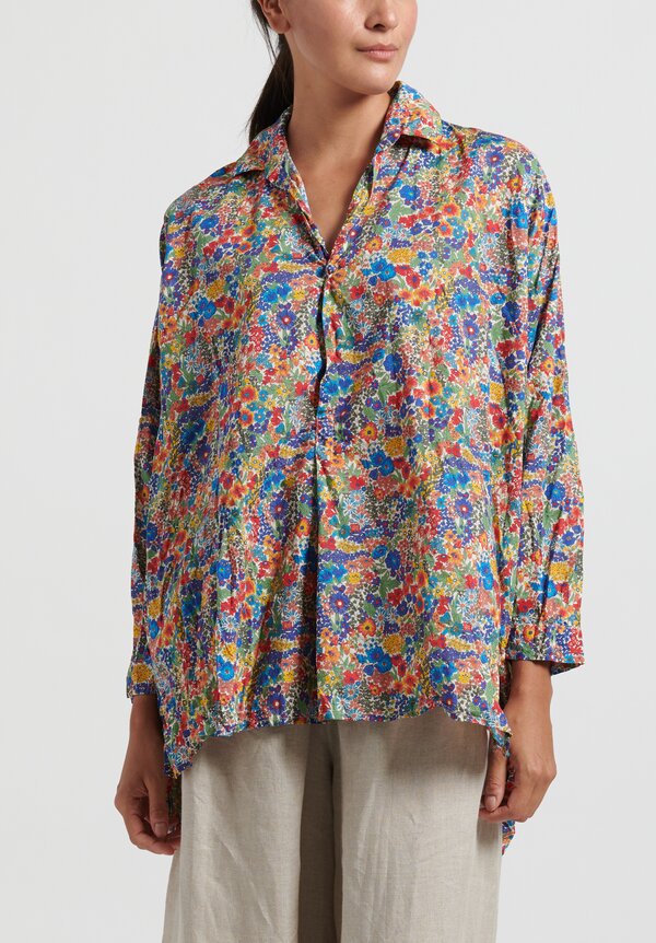 Daniela Gregis Cotton Fratello Washed Chicory Top in Electric Blue/ Red/ Orange Flowers	