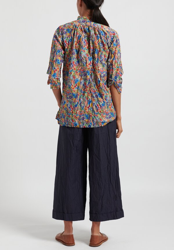 Daniela Gregis Washed Cotton Chicory Printed Kora Top in Electric Blue/ Red/ Orange Flowers	