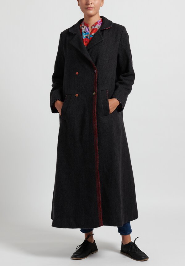 Pero Long Wool Coat in Grey/ Red	