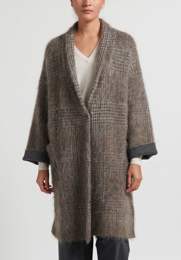 Brunello Cucinelli Wool/ Mohair Coat in Taupe Houndstooth | Santa 