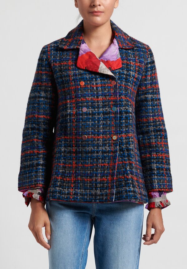 Pero Tweed Reversible Jacket in Blue Plaid/ Red Floral	