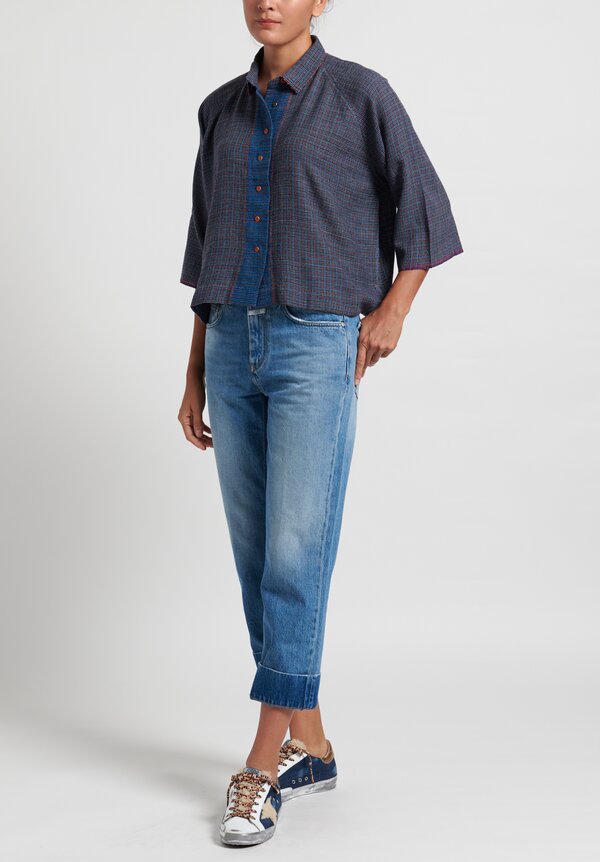 Pero Wool Button Up Top in Blue Check	