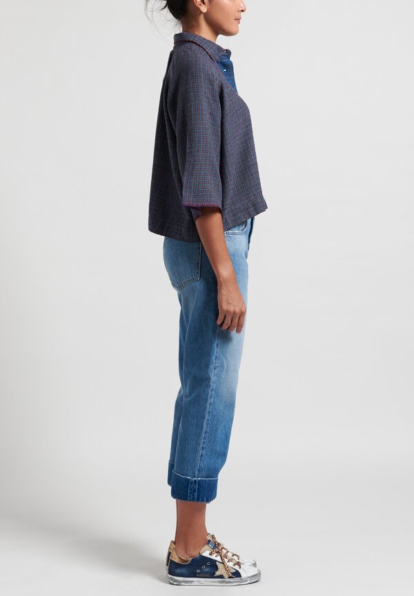 Pero Wool Button Up Top in Blue Check	