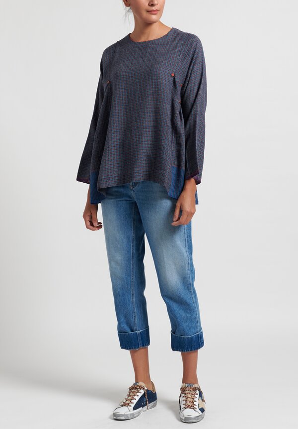 Pero Wool Gathered Top in Blue Check	