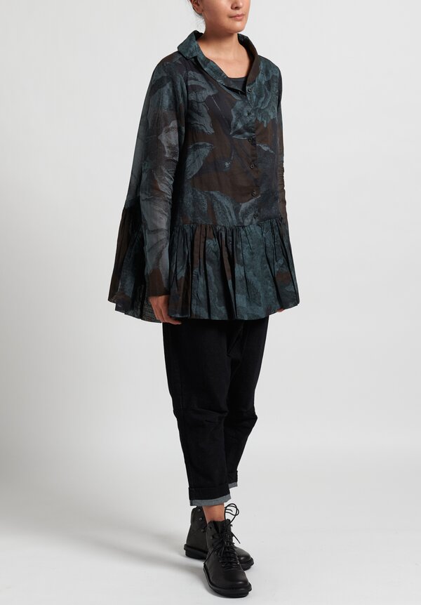 Rundholz Floral Print Gathered Blouse in Grey	