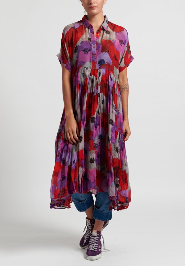 Péro Sheer Floral Point Collar Dress in Red/ Purple	