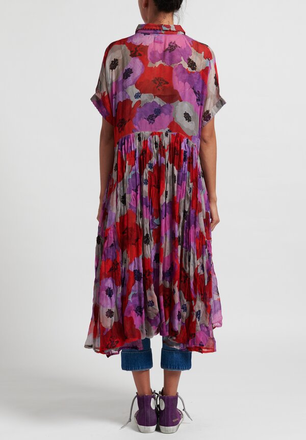 Péro Sheer Floral Point Collar Dress in Red/ Purple	
