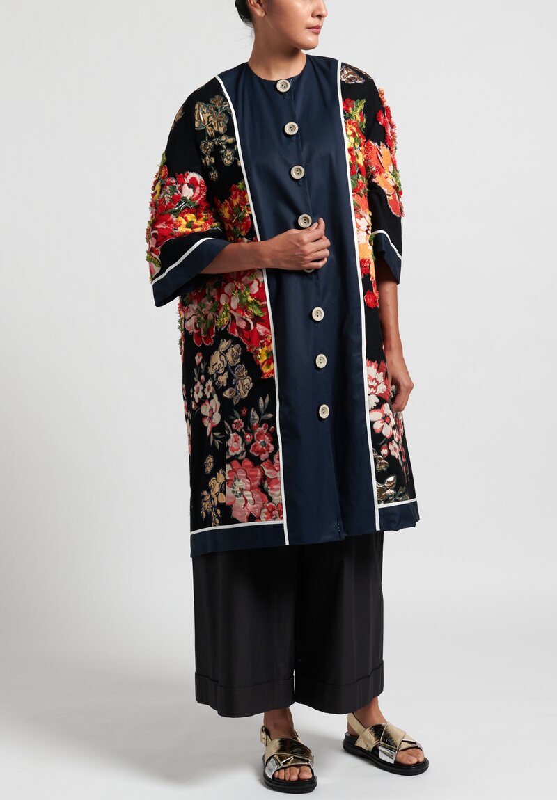 Biyan Embroidered Mosaic Trapeze Coat in Navy	
