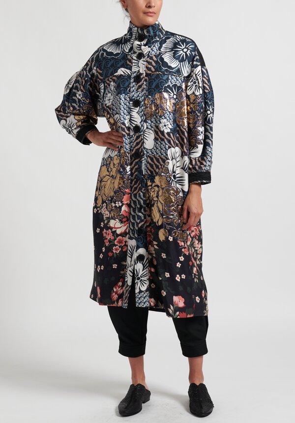 Biyan Hylo Mozaic Embroidered Print Coat in Navy