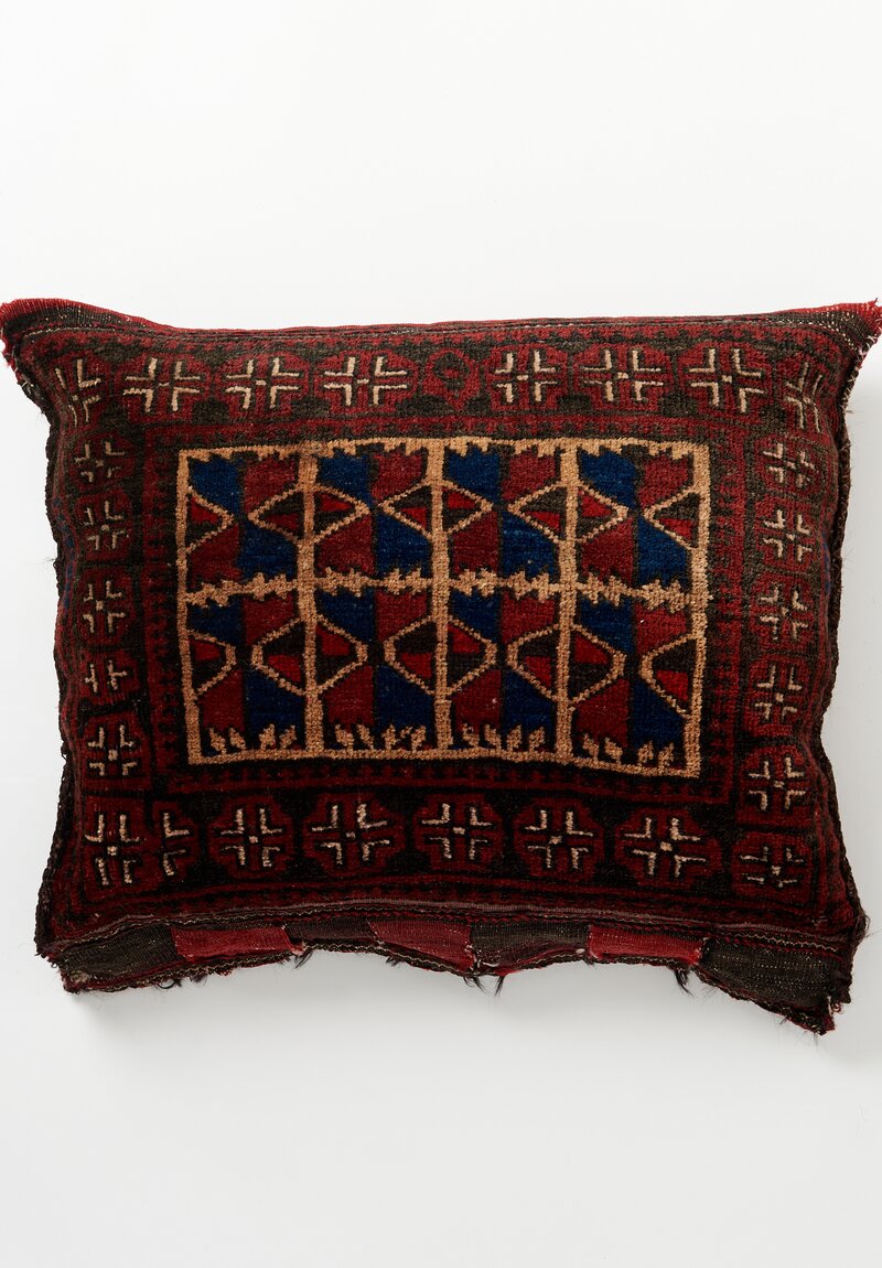 Antique and Vintage Handsewn Fringed Pillow in Brown, Red and Blue	