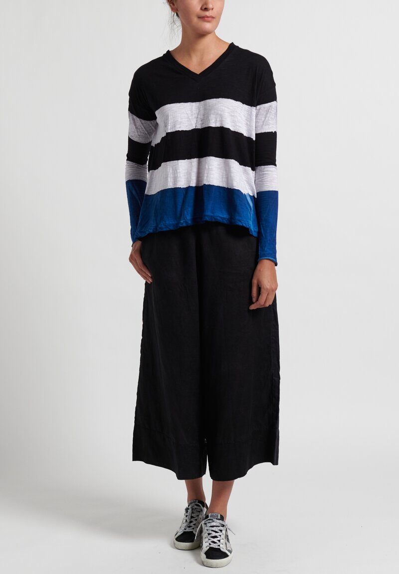 Gilda Midani Pattern Dyed Long Sleeve V-Neck Trapeze Tee in Stripes Black + Klein + White	