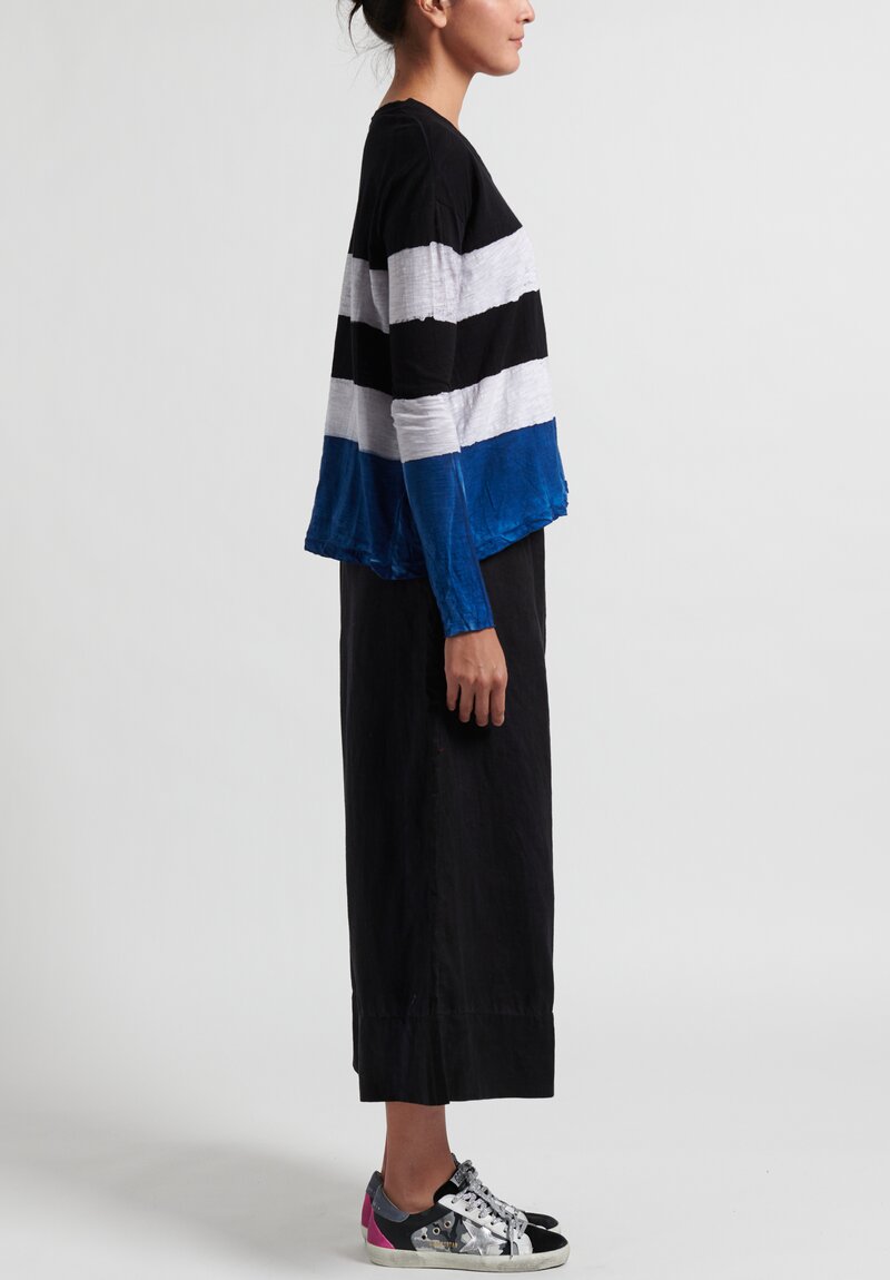 Gilda Midani Pattern Dyed Long Sleeve V-Neck Trapeze Tee in Stripes Black + Klein + White	