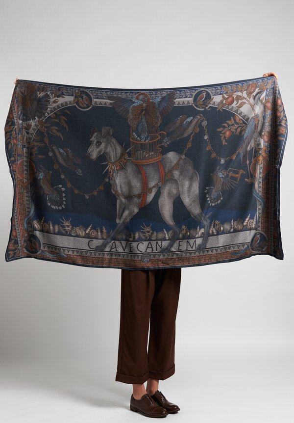Sabina Savage Cashmere Backed ''Cave Canem'' Scarf in Ink	