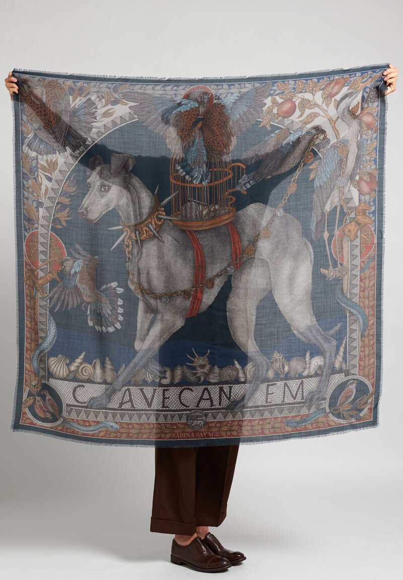 Sabina Savage Cashmere ''Cave Canem'' Scarf in Water/Ink	