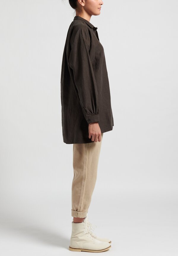 Kaval High Count Linen Open Pullover Shirt in Dust	