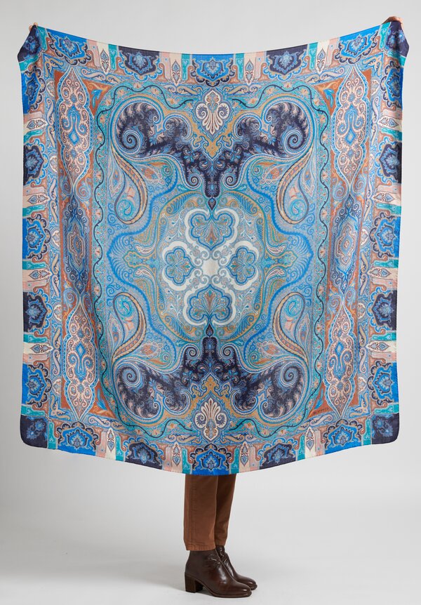 Etro Paisley Print Cashmere & Silk Shawl in Blue