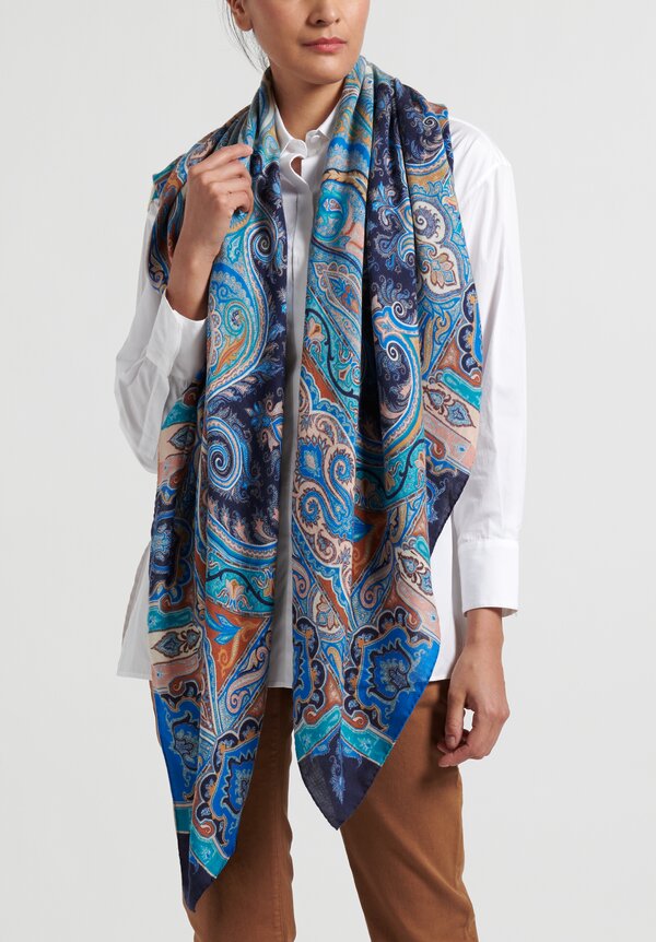 Etro Paisley Print Cashmere & Silk Shawl in Blue