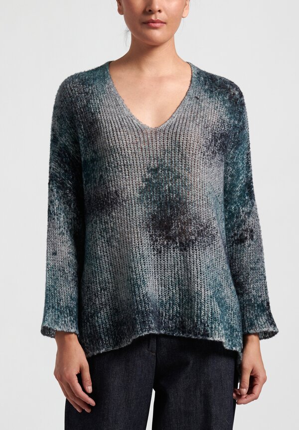 Avant Toi Loose Knit Oversized V Neck Sweater in Blue/Grey