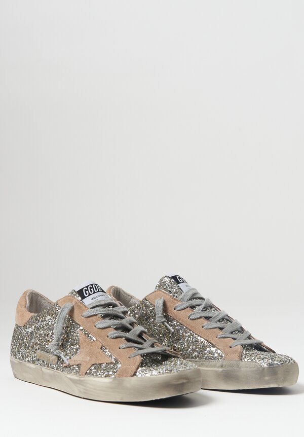 Golden Goose Glitter & Suede Superstar Sneaker in Silver and Tan ...